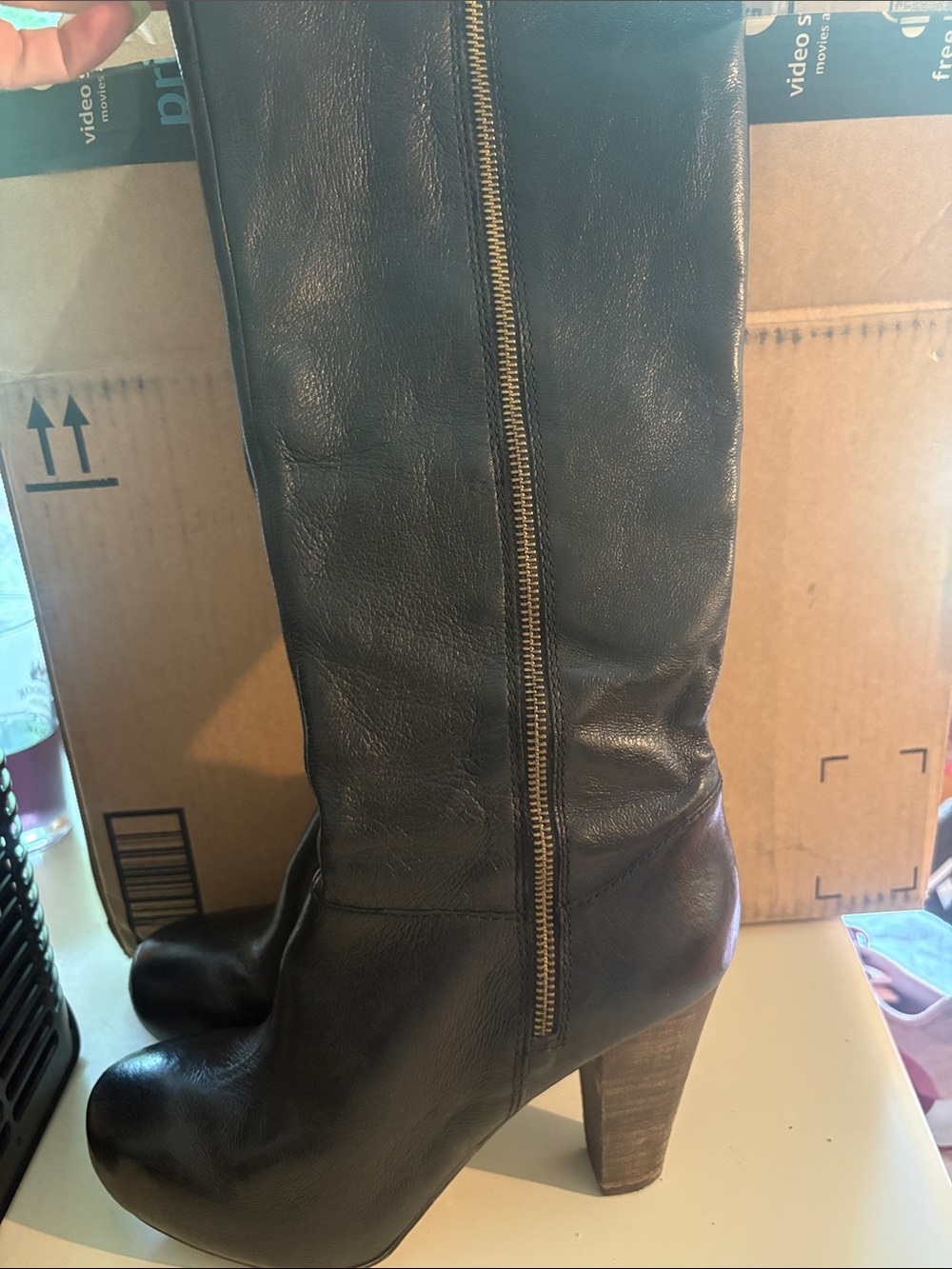Women's Black Leather High-Heel Knee Boots with Side Zip
